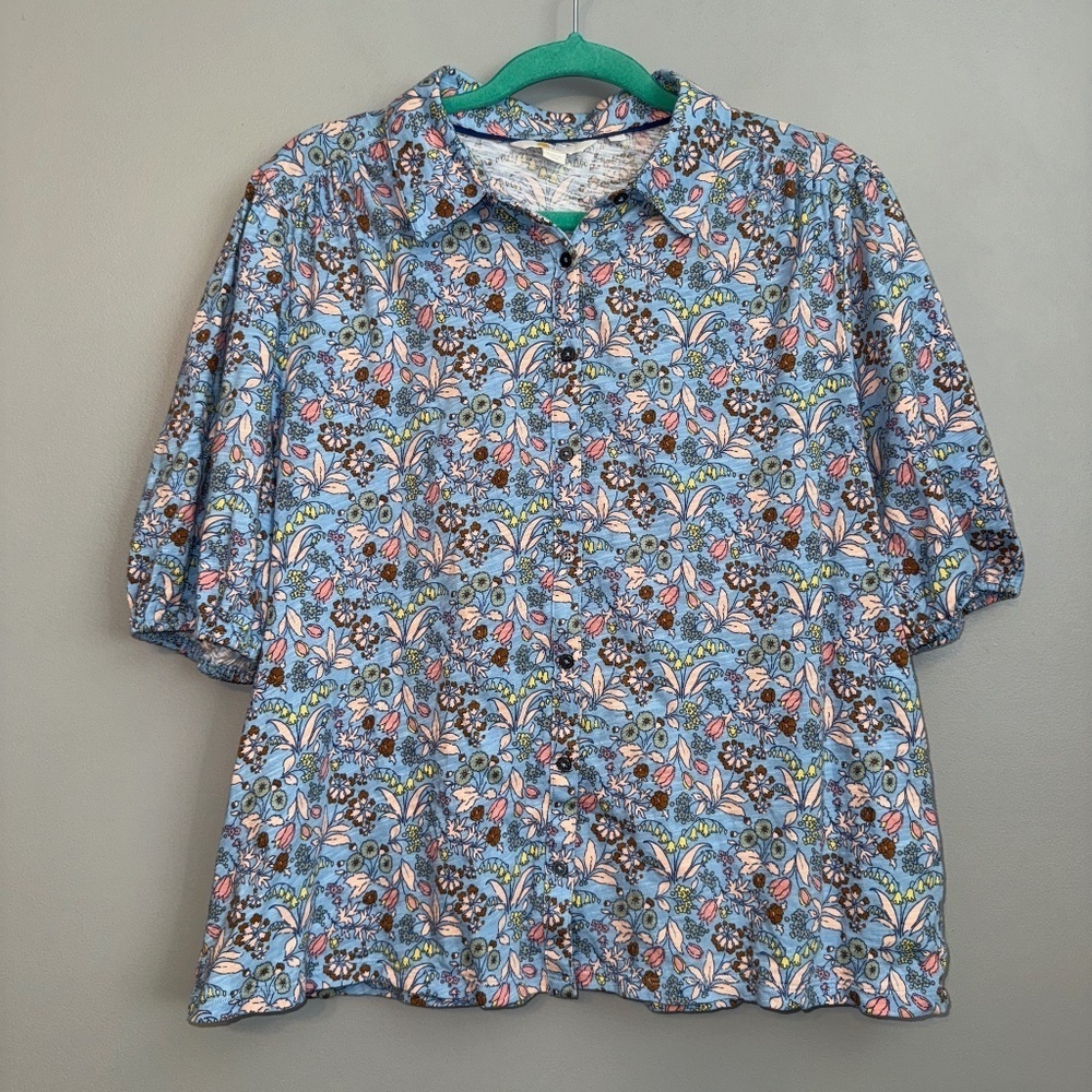 EUC Boden Floral Jersey Knit Collared Puff Sleeve Blouse Size 14